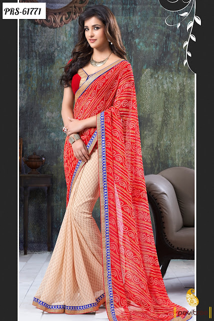 red color bandhej printed georgette saree for formal kitty party and occasion at pavitraa.in