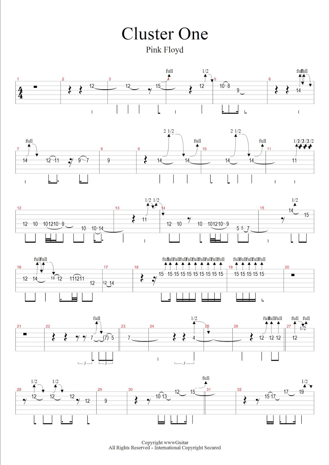 pink floyd cluster one (tab) score
