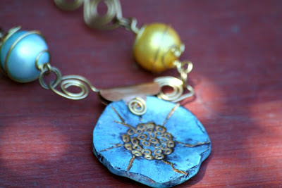 Un-named ooak necklace: brass, polymer clay by Jeannie K Dukic, glass pearls :: All Pretty Things
