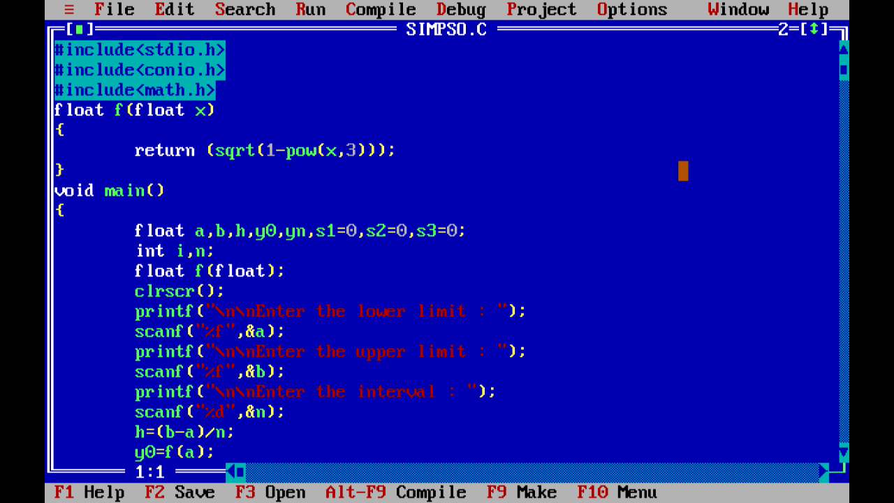 Compiler Window of Simpson's One Third Rule Compiler Window of Simpson's One Third Rule