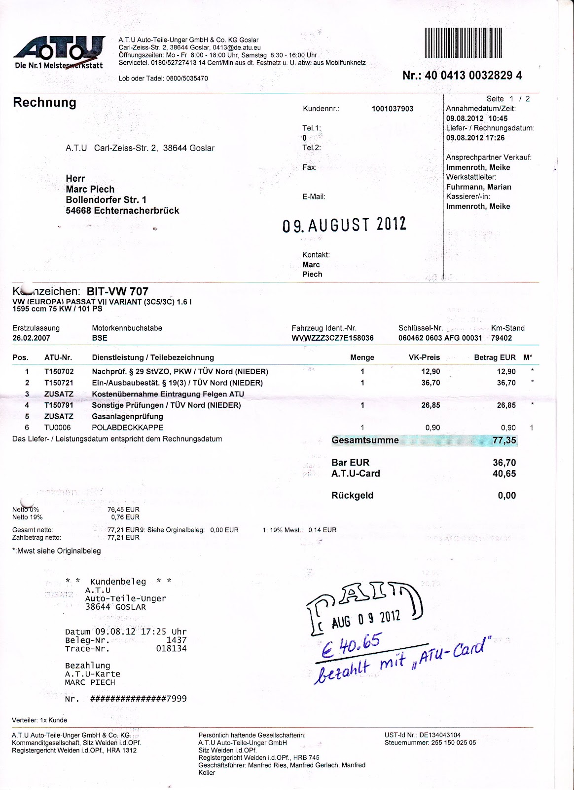 BIT-VW707: Papiere und TÜV-Bericht für VW-Passat Variant ...