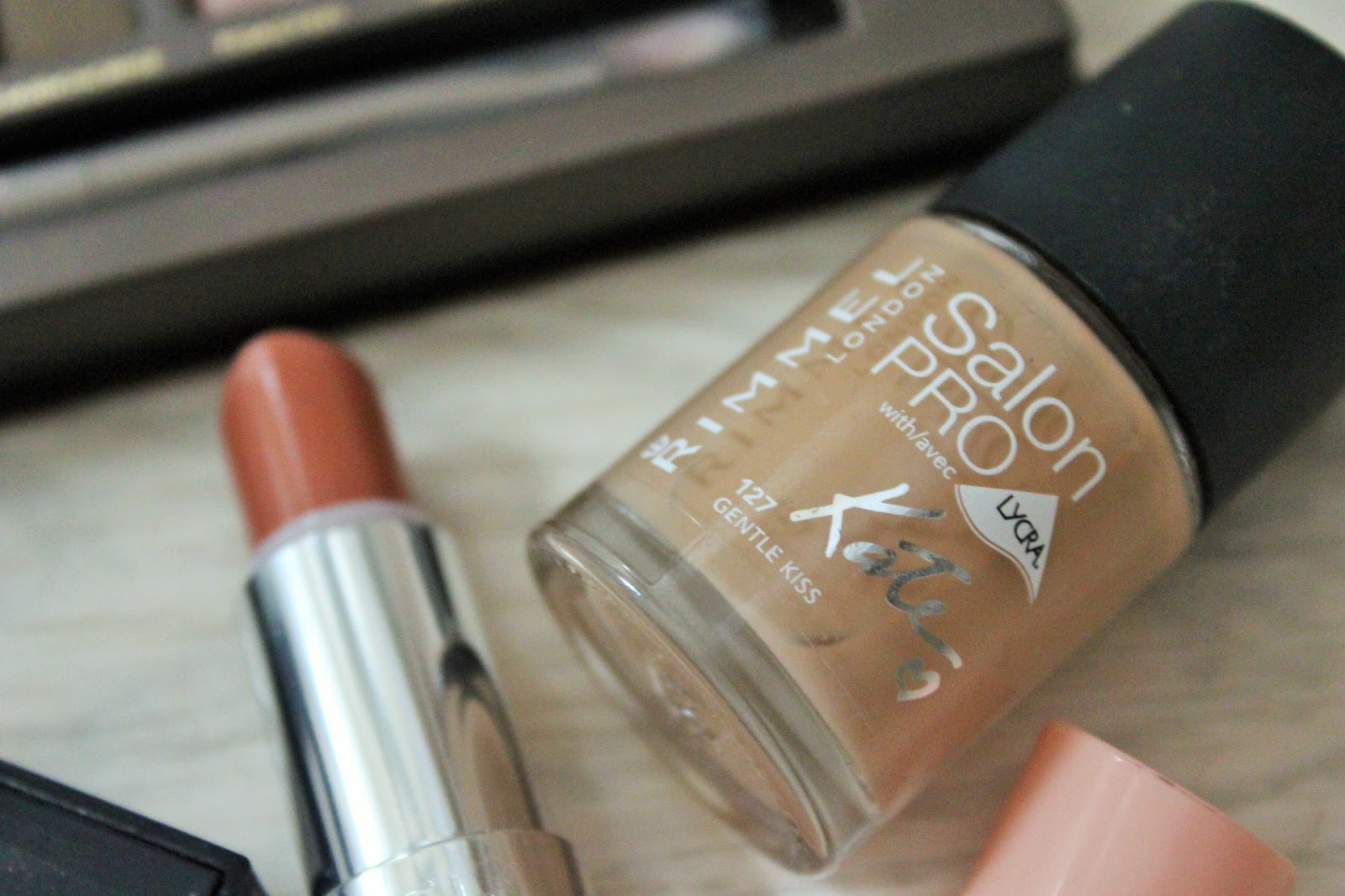 Nude makeup look featuring Rimmel Salon Pro by Kate Nail Polish in 127