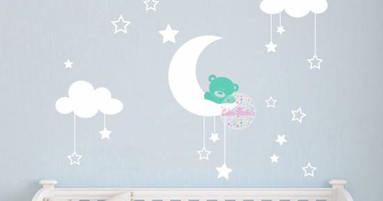 Vinilo Infantil Osito en Luna con Nubes y Estrellas W413 | CDM Vinilos