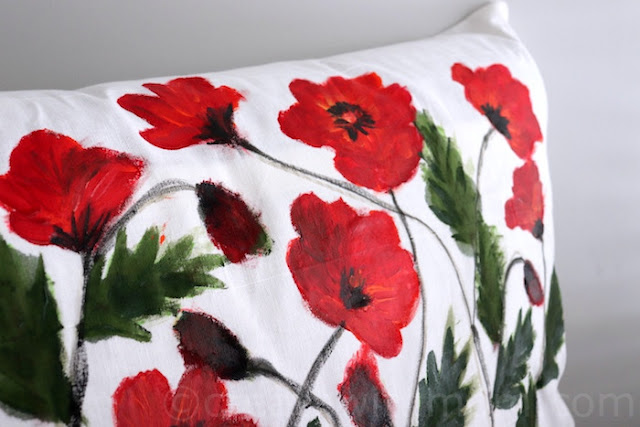 Poppy Flower Inspired Fabric painting Cushion Cover