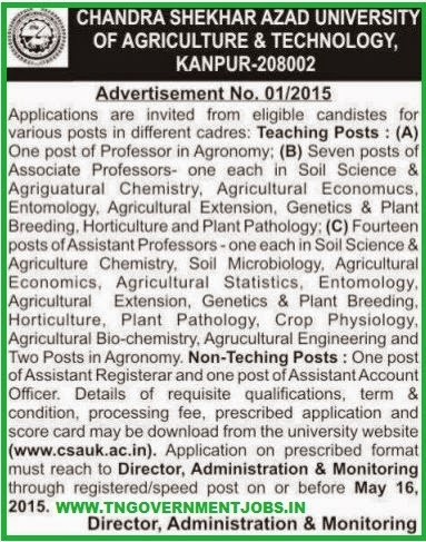 Chandra Shekhar Azad University of Agriculture & Technology Recruitments (www.tngovernmentjobs.in)
