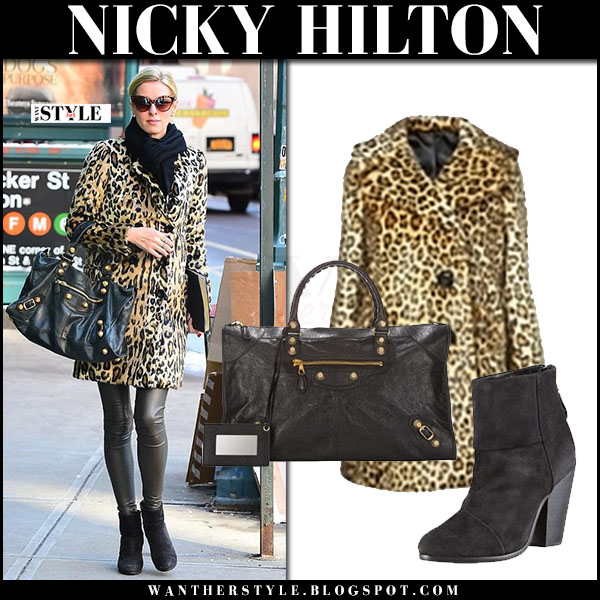 Nicky Hilton in leopard print coat and black suede ankle boots in New