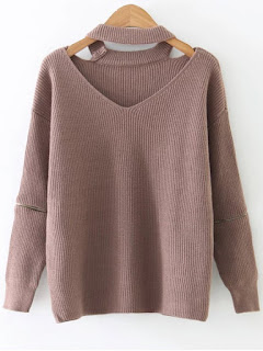  Zipper Sleeve Cut Out Choker Sweater - Khaki