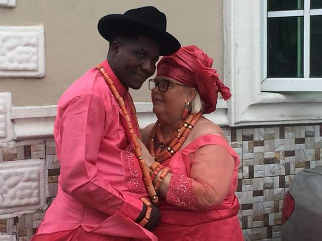 Photos: Vigilante Chairman weds older white woman in Delta State