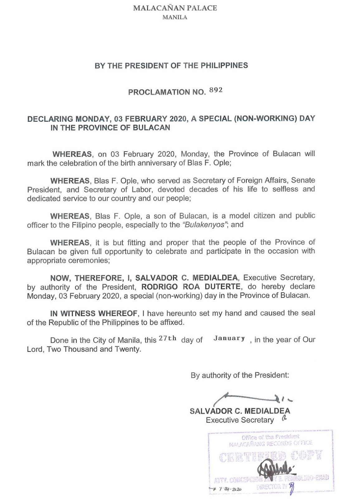 Philippine Holidays Special (NonWorking) Day in the Province of