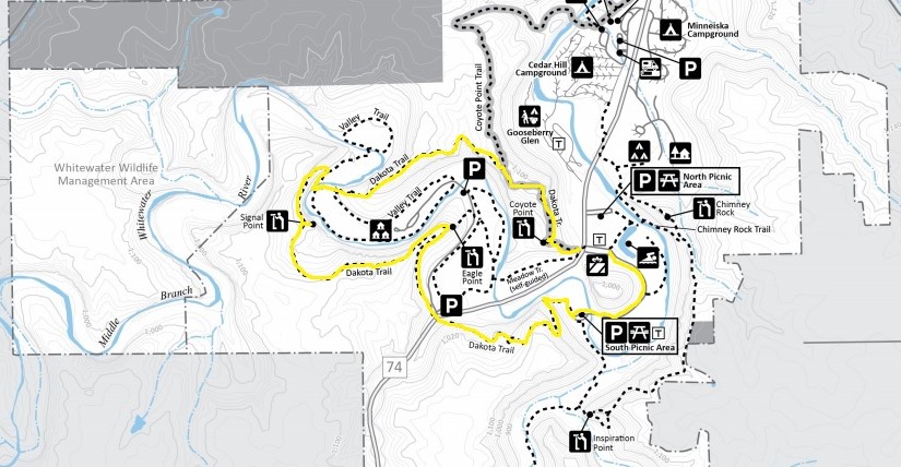 Whitewater State Park Map Day Hiking Trails: Trail Climbs, Crosses Whitewater River Bluff