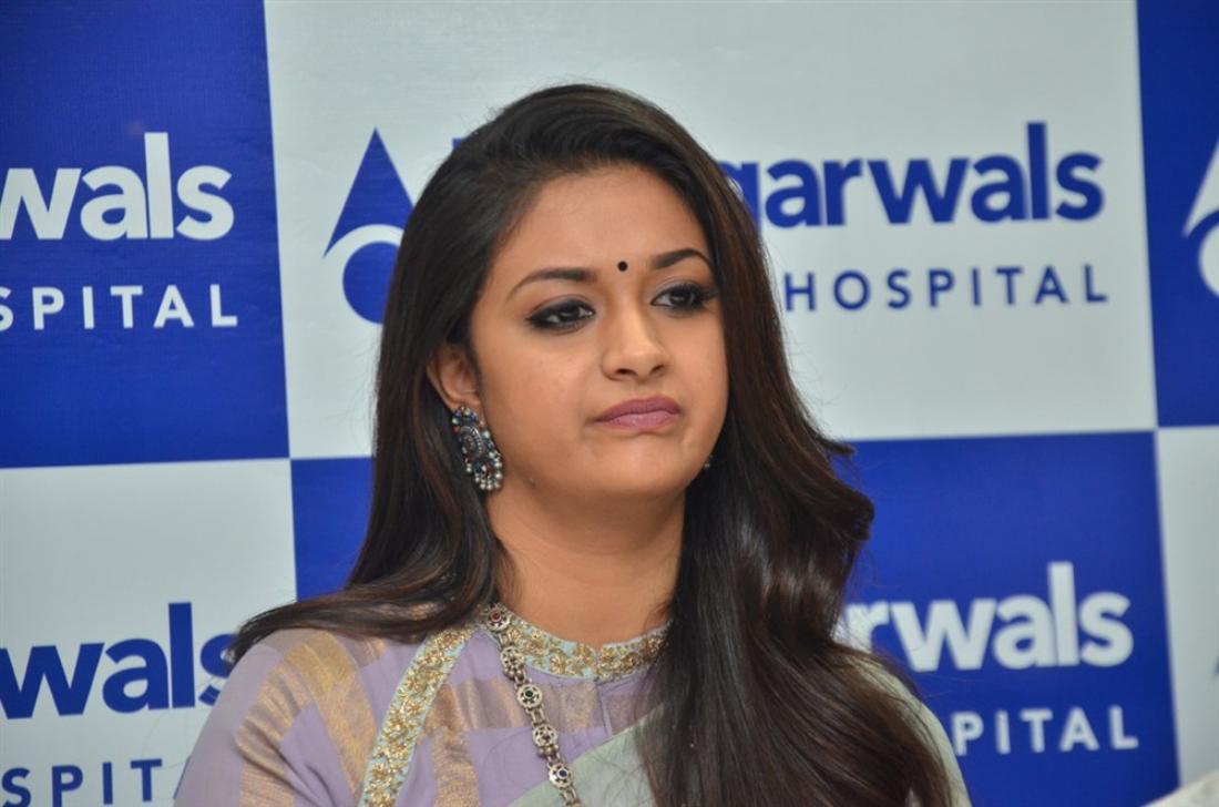 Keerthy Suresh Long Hair Blue Saree At Dr Agarwal S Eye Hospital Launch Glamorous Indian Models