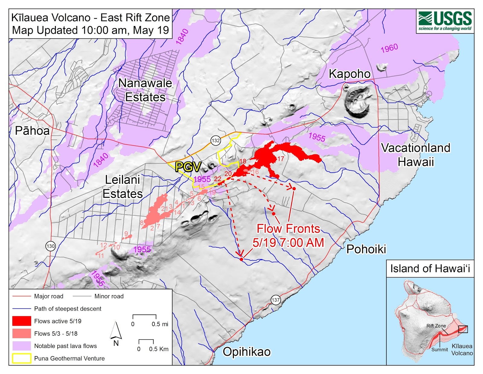 two lava flows are heading south to the sea see map below and may reach and interrupt hwy 137 near mackenzie state recreation area west of pohoiki two lava flows are heading south to the sea see map below and may reach and interrupt hwy 137 near mackenzie state recreation area west of pohoiki