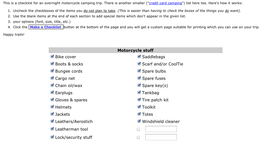 motorcycle camping list