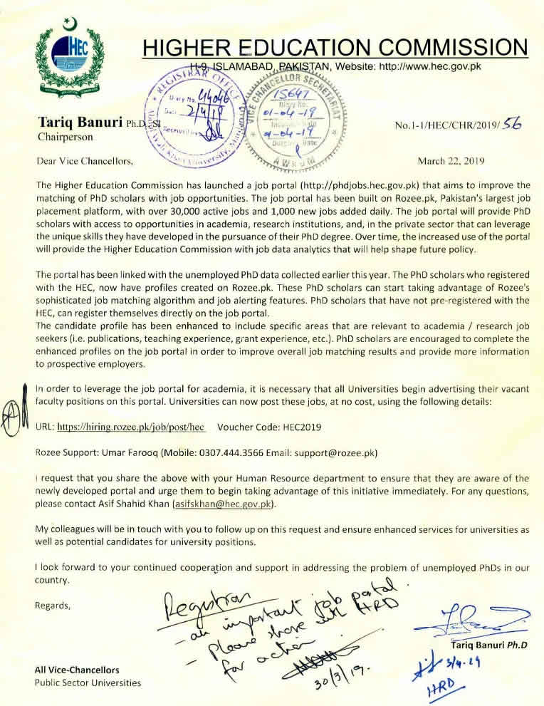 Abdul Wali Khan University Mardan Letter From HEC Regarding Job Portal