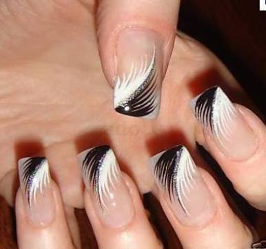  Black and White Feathery Nail Art with Silver Glitters
