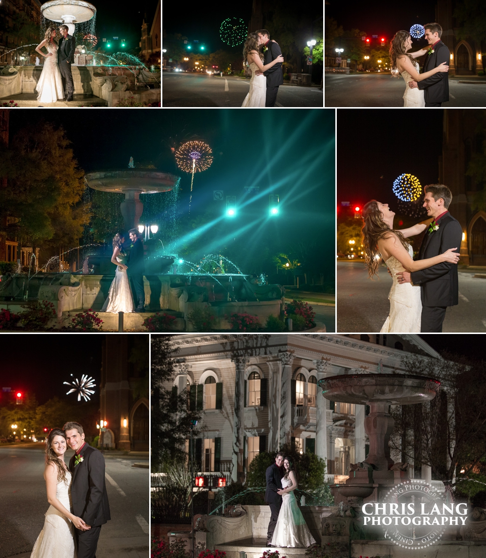 Wedding Couple in front of Bellamy Mansion during  Azalea Festival fireworks show - Wilmington NC Wedding Photographers 