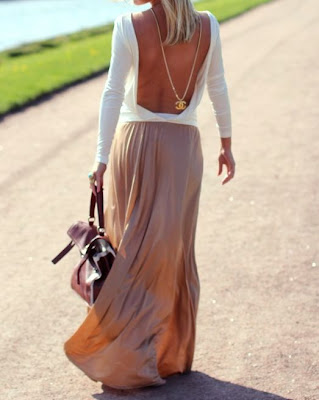 Blush maxi skirt, backless white shirt and Chanel necklace | Luvtolook ...