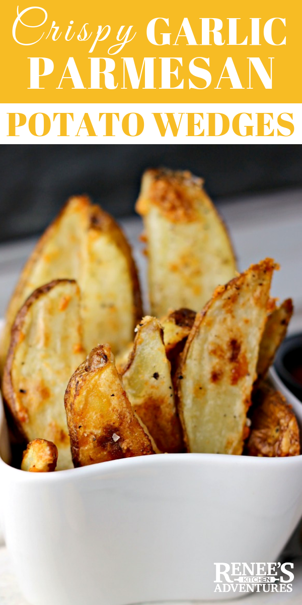 Crispy Oven-Baked Garlic Parmesan Potato Wedges | by Renee's Kitchen Adventures - A healthy side dish recipe with a secret step for perfectly crispy oven potatoes!  Crunchy on the outside and fluffy on the inside these potatoes will be the star of any meal! #potatoes #ovenroastedpotatoes #garlicpotatoes #parmesanpotatoes
