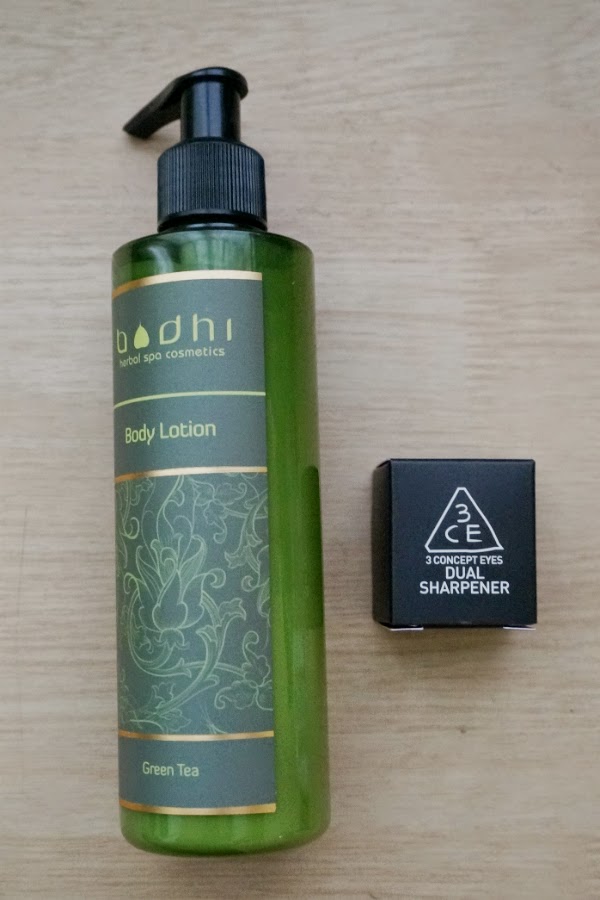 Bodhi Green Tea Lotion and 3CE Dual Sharpener
