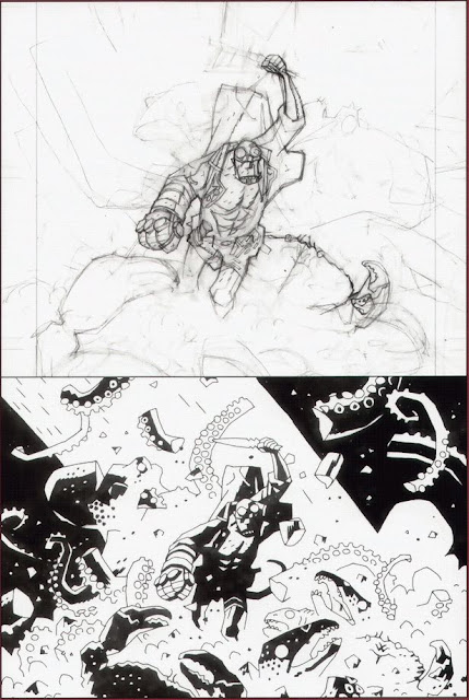 Rampaging Hellboy, in sketches and after