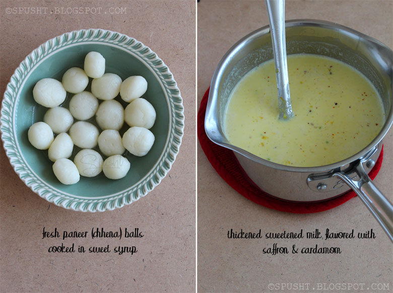 Spusht | Fresh paneer balls cooked in sweet syrup | Thickened sweetened saffron and cardamom flavored milk