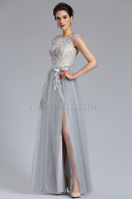 Grey Tulle slit Floral Lace Evening Gown