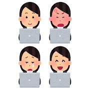 いろいろな表情のパソコンを使う会社員のイラスト（女性）