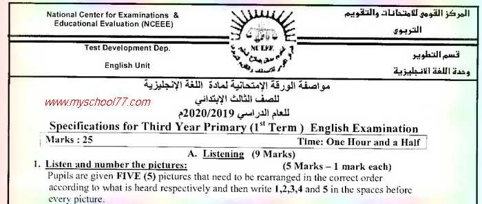 مواصفات الورقة الامتحانية  لغة انجليزية  للصفوف الثالث والرابع والخامس والسادس الابتدائي للعام الدراسي 2020