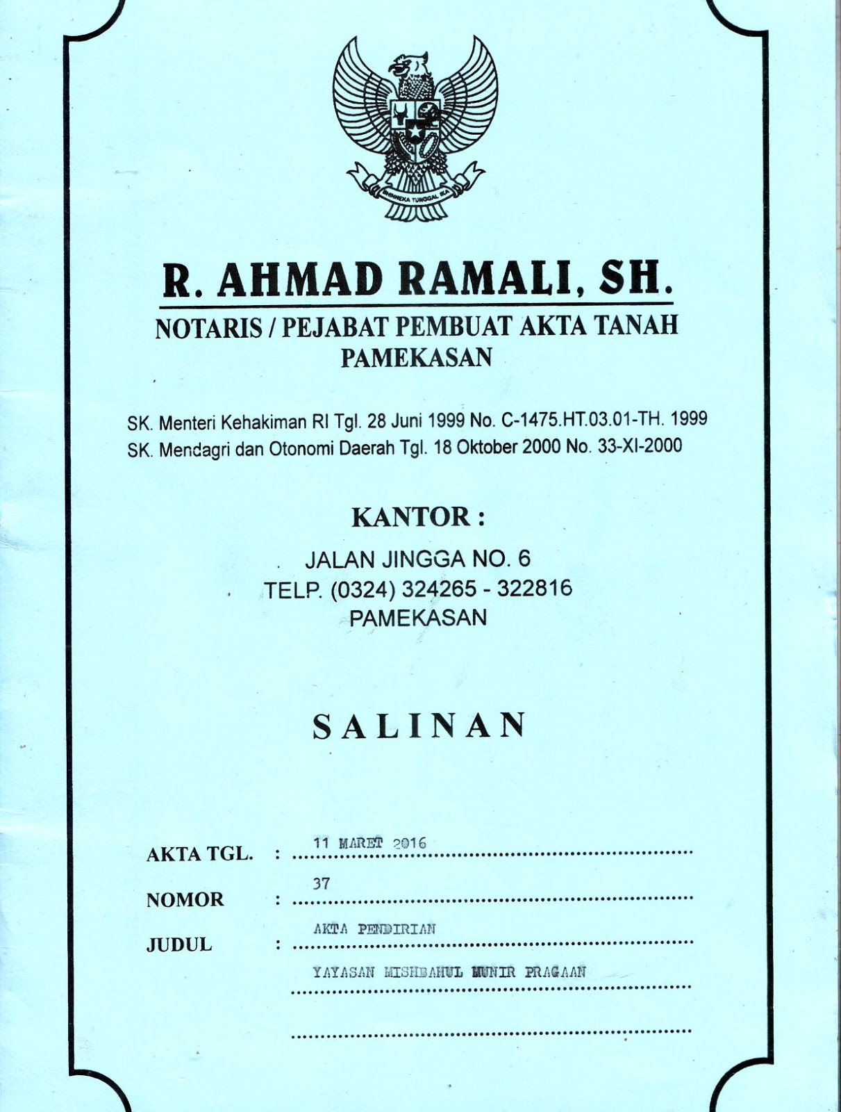 Mishbahul Munir Akte Notaris Pondok Pesantren Mishbahul Munir