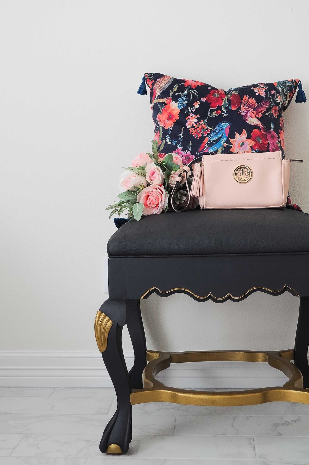 A thrifted ottoman gets up cycled with black paint and gold finishes. Even the fabric is painted- what a gorgeous DIY makeover. | #DIY #decor #painting #paintedfurniture #furnituremakeover #upcycled #thriftscore #antiques #ottoman #glamdecor #tutorial #bedroomideas A thrifted ottoman gets up cycled with black paint and gold finishes. Even the fabric is painted- what a gorgeous DIY makeover. | #DIY #decor #painting #paintedfurniture #furnituremakeover #upcycled #thriftscore #antiques #ottoman #glamdecor #tutorial #bedroomideas