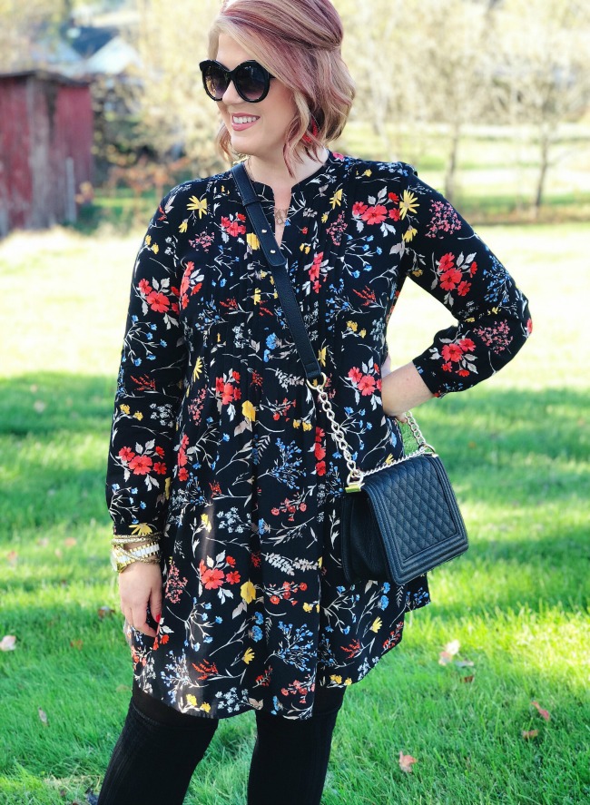 Black floral dress Old Navy, Jack Rogers booties