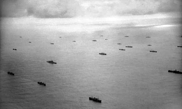 Aerial view of Convoy escorted by Allied Battleship April 1941 Battle of Atlantic