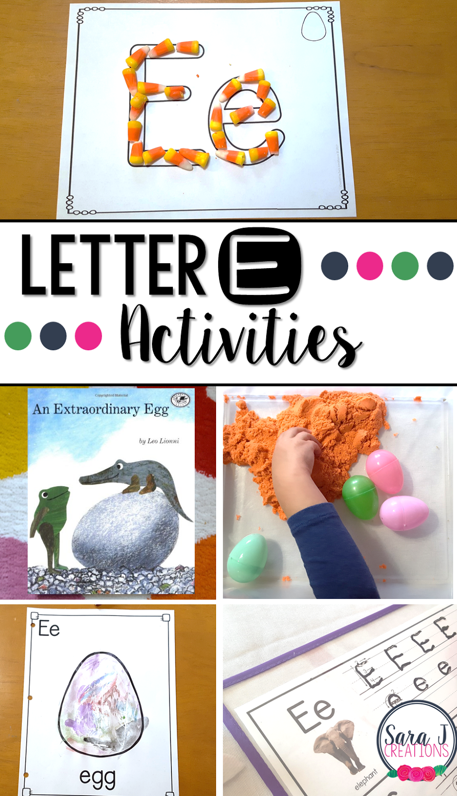 Letter E Activities that would be perfect for preschool or kindergarten. Sensory, art, gross motor, literacy and alphabet practice all rolled into Letter E fun.