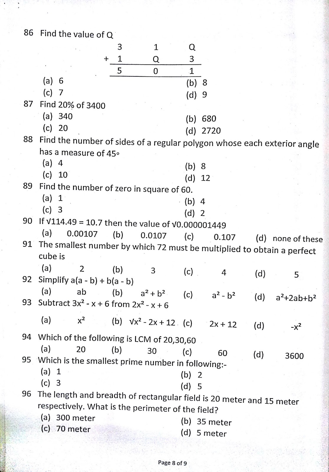 PREVIOUS YEAR QUESTION PAPER FOR CLASS IX ENTRANCE EXAM (AS SAMPLE