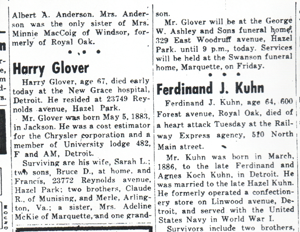 Journey to the Past Obituary of Harry Glover of Hazel Park, Michigan