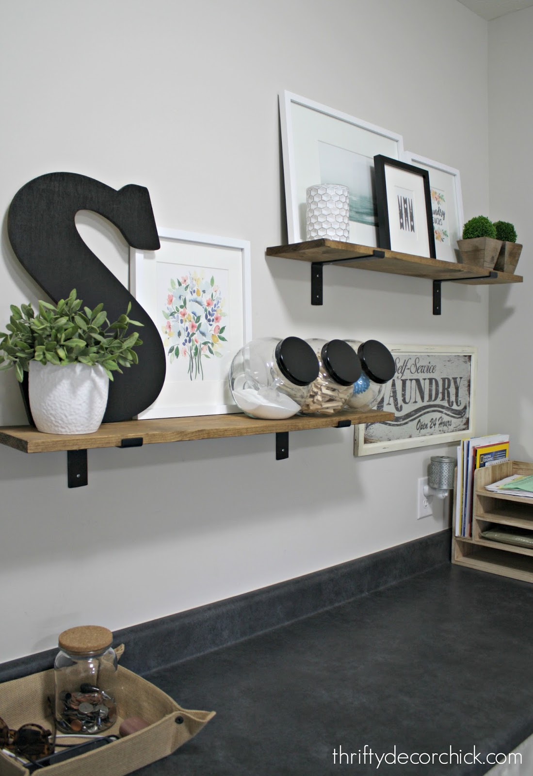Simple and easy wood shelves in laundry room