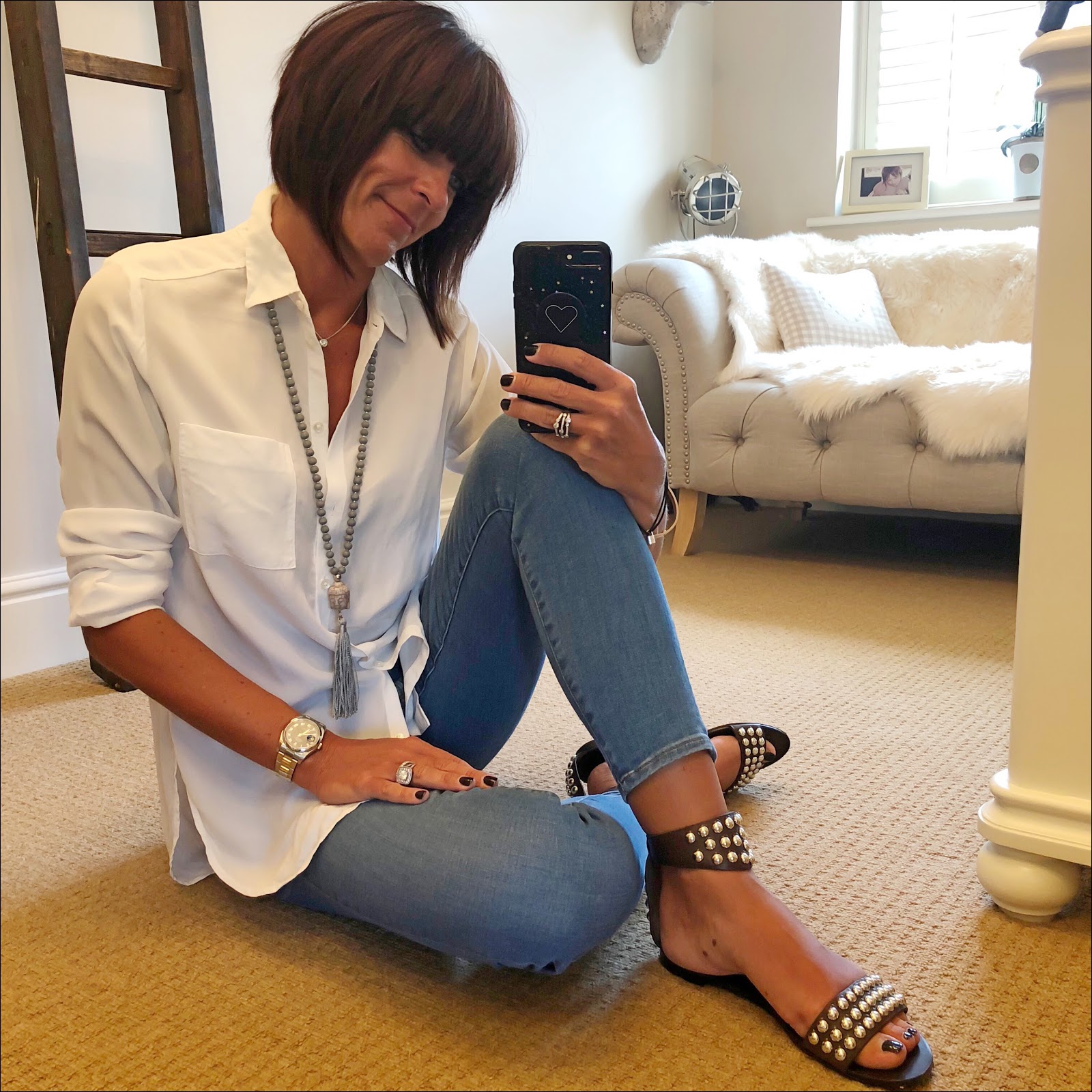 My midlife fashion, the white company silk shirt, j crew toothpick skinny 8 inch jeans, ash studded flat sandals