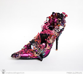 Glamorous pink altered high heel shoe by mixed media artist Maria Lillepruun