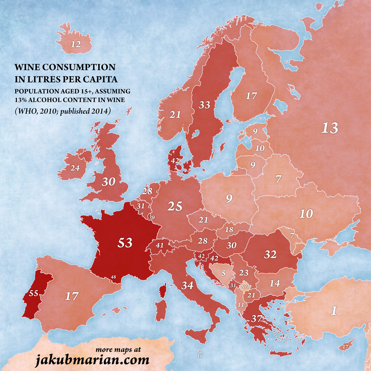 Wine consumption in liters per capita
