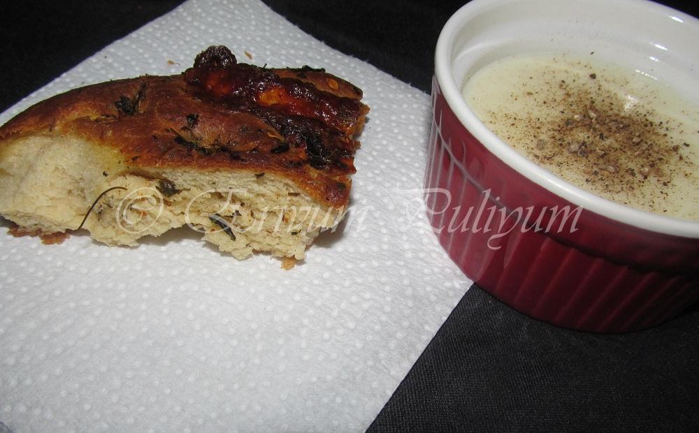 Erivum Puliyum Dried Fenugreek leaves Focaccia & Cheese Sauce Dip