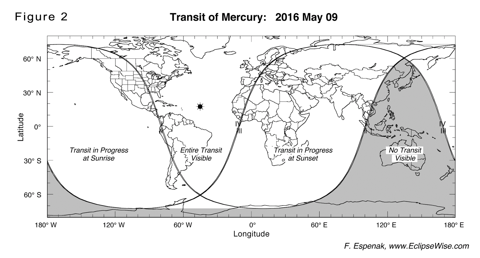 Widoczność tranzytu Merkurego 9 maja 2016 roku w skali globalnej. (NASA)
