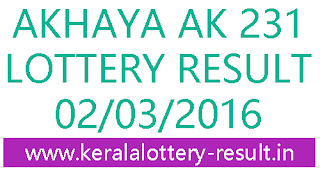 Kerala Akshaya AK-231 lottery result Kerala lottery result, Akshaya Lottery result, Akshay AK-231 lottery result, Todays Akshaya Ak231 Lottery result, Kerala lotteries Akshaya AK 231 result, Kerala state akshaya lottery result today2-3-2016, AkshayaAK231 lottery result, Kerala lotteries akshaya AK-231 result, Check online akshay lottery today AK 231