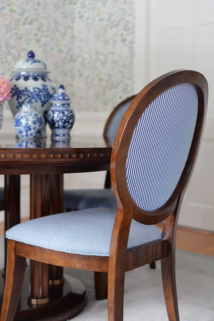 traditional dining room, oval back chairs, blue and white ginger jar collection,  striped oval back chair