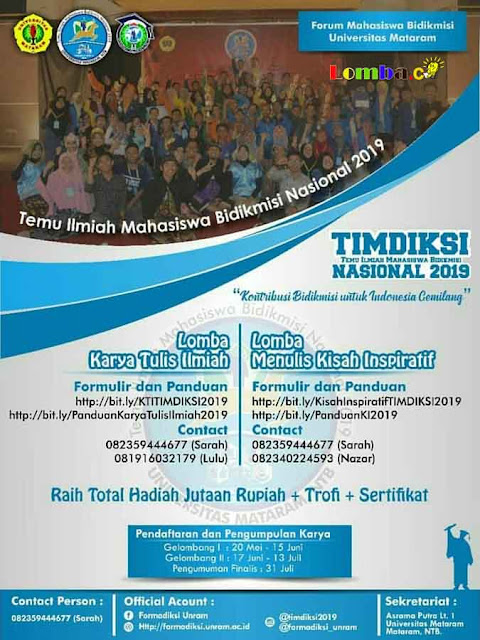 Lomba LKTIN & Menulis Kisah inspiratif Nasional Timdiksi 2019 Untuk Mahasiswa
Lomba LKTIN & Menulis Kisah inspiratif Nasional Timdiksi 2019 Untuk Mahasiswa