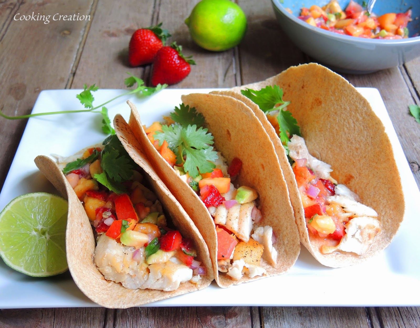 Cooking Creation Red Snapper Tacos with Strawberry & Peach Salsa