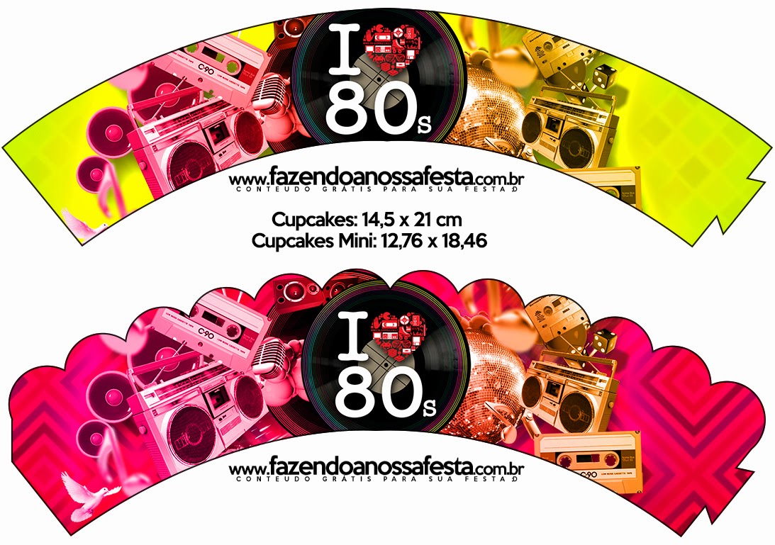 Años 80: Imprimibles Gratis para Fiestas. Wrappers para cupcakes.