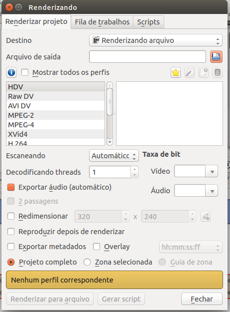 Janela de renderização Kdenlive