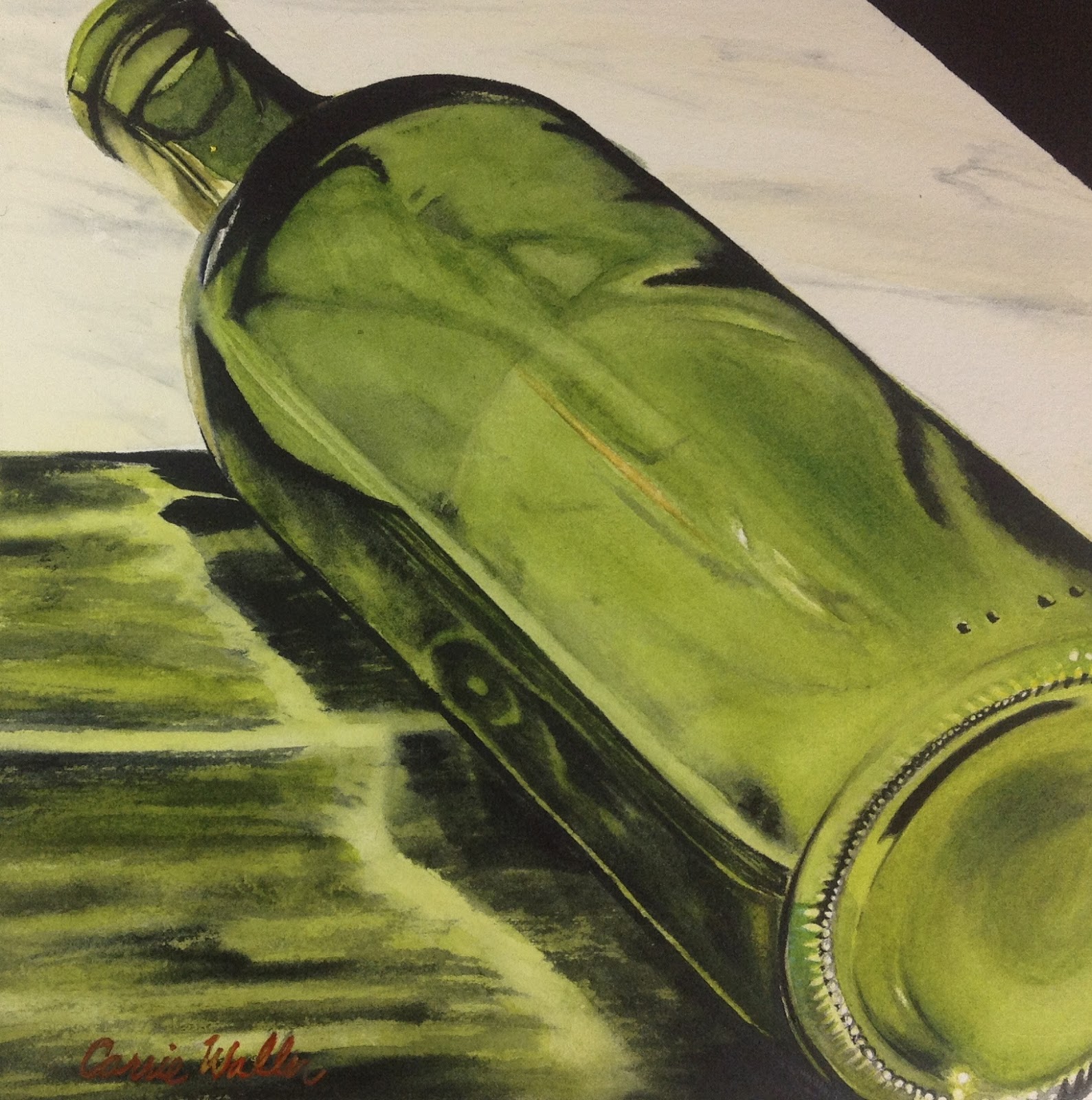 зеленая стеклянная бутылка акварелью. живописный натюрморт акварелью. стеклянная бутылка живопись. стеклянная бутылка акварелью. бутылка акварелью.