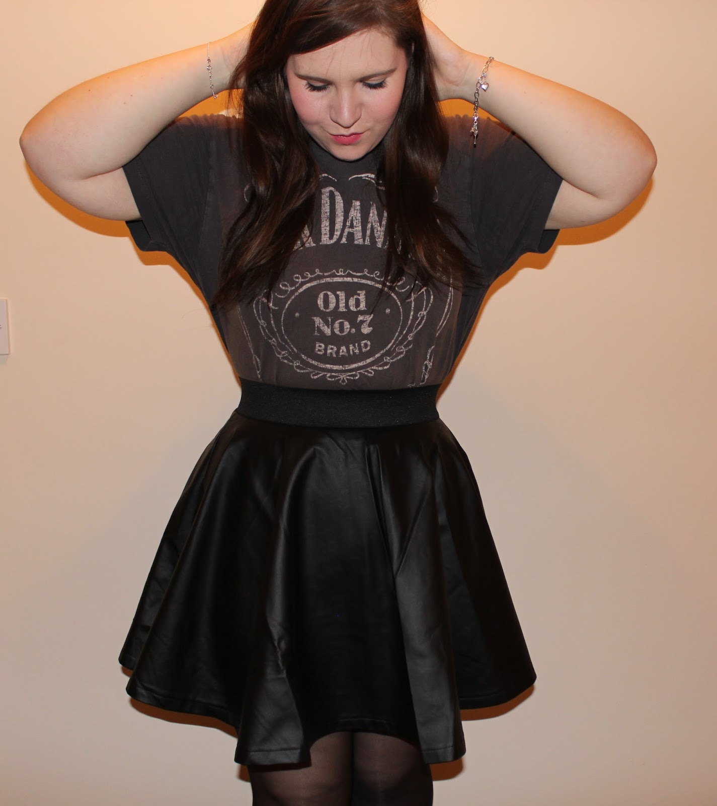 oversized jack daniels shirt with asos leather skirt