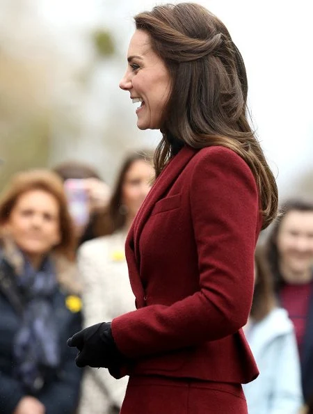 Kate Middleton wore the suit by Paule Ka and wore Kiki McDonough Eternal Citrine Cushion and Diamond Earrings, Stuart Weitzman boots